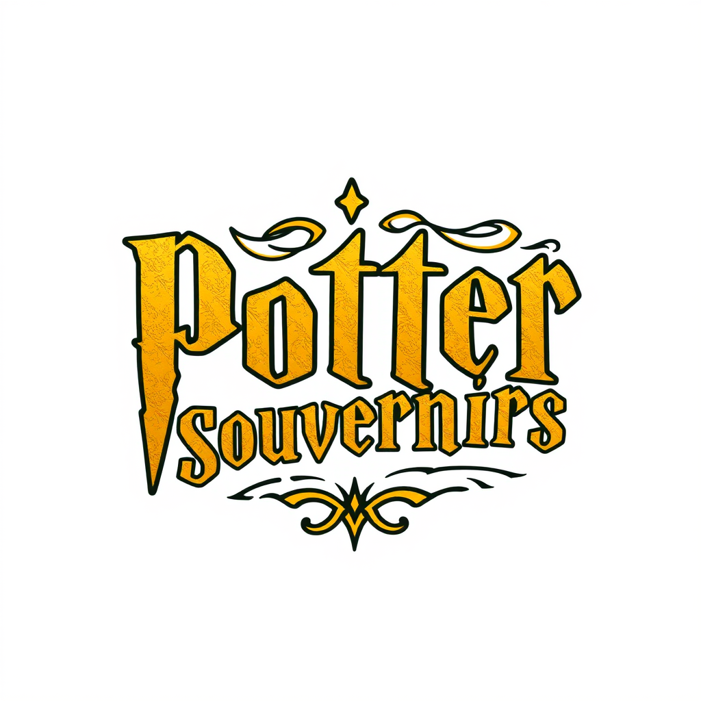 Potter Souvenirs - Harry Potter themed gifts and collectibles logo featuring mystical typography with golden accents and Hogwarts-inspired design elements