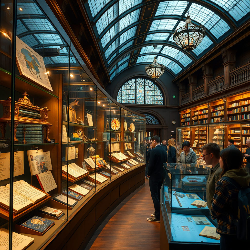 The British Library's new Harry Potter exhibition featuring rare manuscripts, original illustrations, and magical artifacts displayed in elegant glass cases with dramatic lighting, visitors exploring the interactive displays showcasing J.K. Rowling's creative process