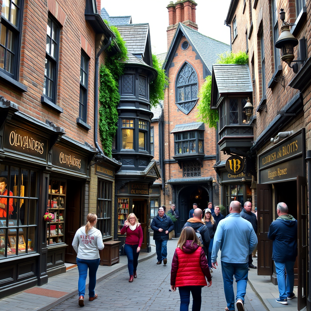 New Diagon Alley section at Warner Bros Studio Tour London featuring cobblestone streets, magical shop fronts including Ollivanders wand shop, Flourish and Blotts bookstore, and authentic movie props with visitors exploring the immersive wizarding world experience