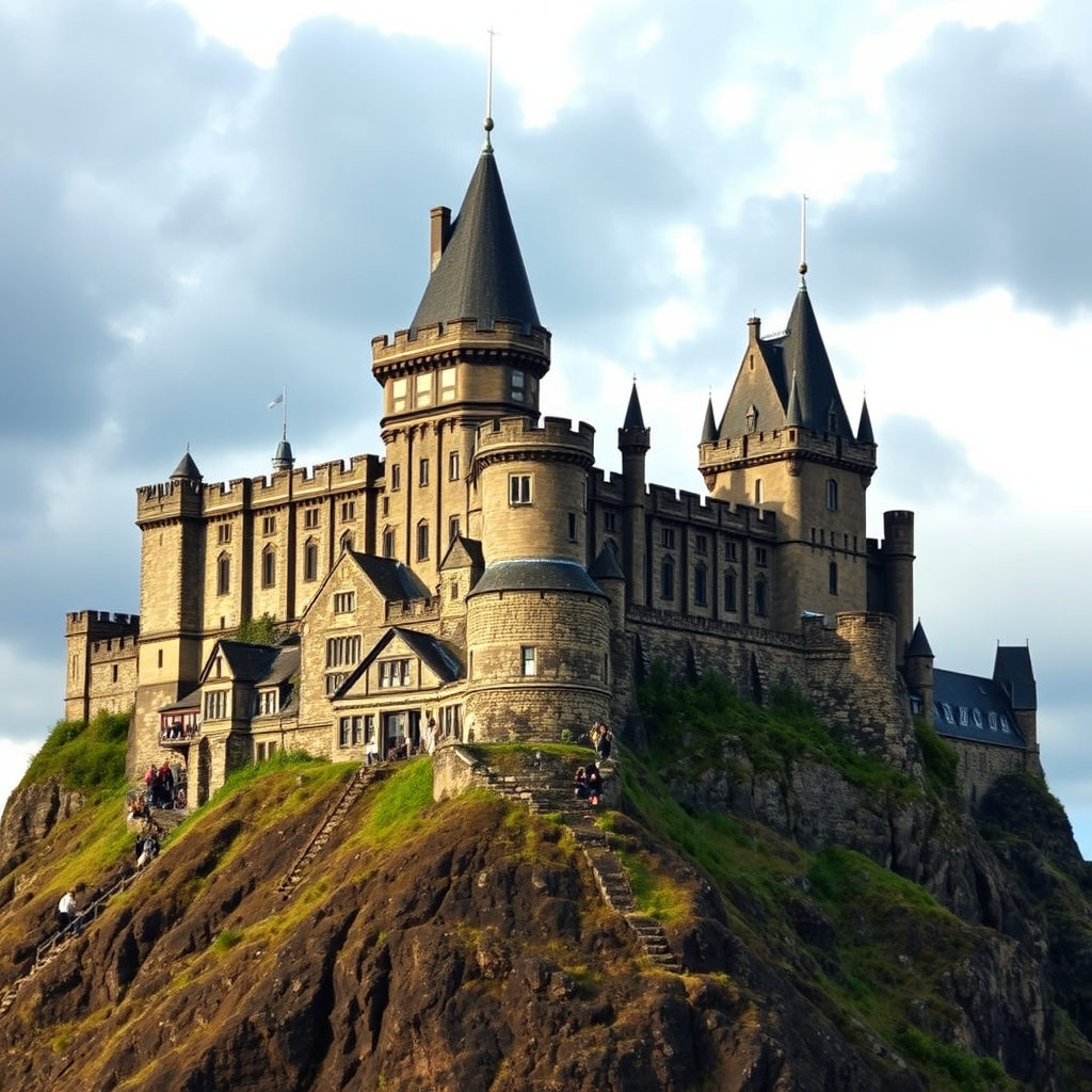Majestic Edinburgh Castle perched on volcanic rock with its iconic towers and battlements against a dramatic Scottish sky, showcasing the medieval architecture that inspired Hogwarts School in the Harry Potter films