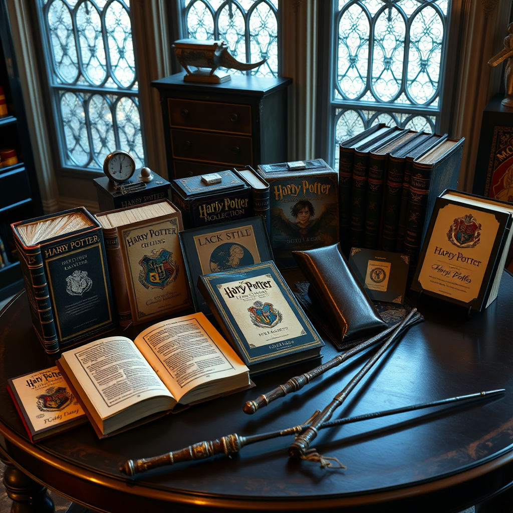Elegant display of rare Harry Potter collectibles including first edition books, authentic wands, and film props arranged on a dark wooden table with magical lighting effects