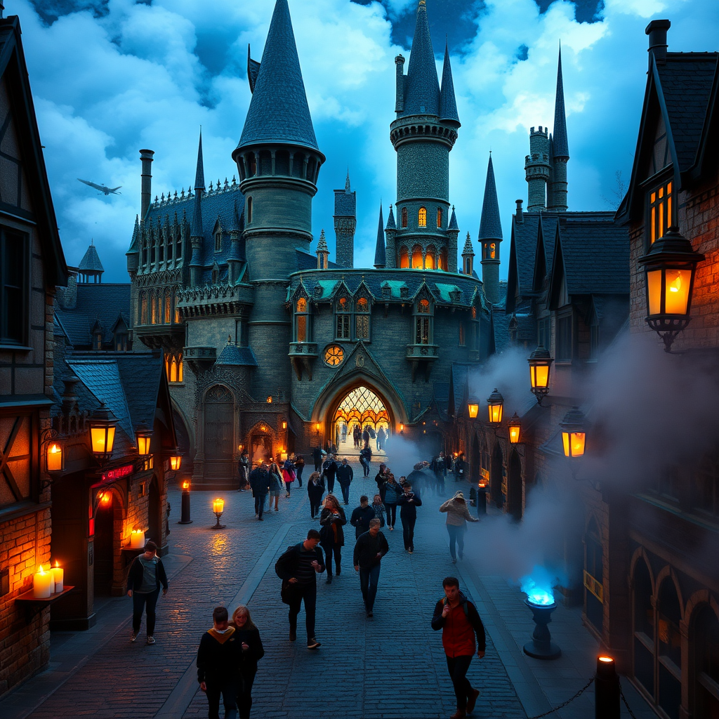 Stunning view of a new Harry Potter themed attraction at a UK theme park featuring a replica of Hogwarts castle with magical lighting effects, visitors walking through cobblestone paths, and immersive wizarding world decorations including floating candles and mystical fog effects