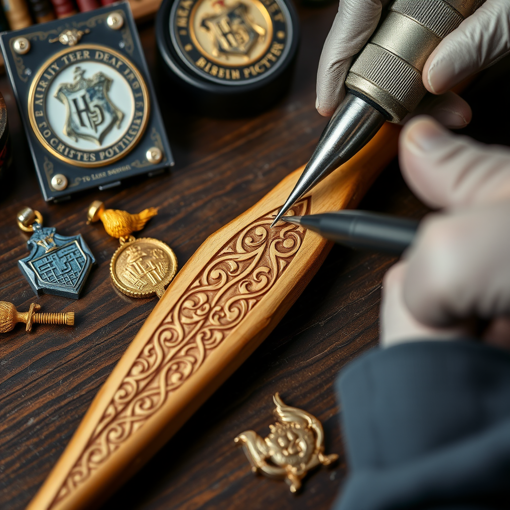 Professional engraving tools working on a wooden wand with intricate Celtic patterns, surrounded by Harry Potter collectibles including golden snitches and house badges on a dark wooden workbench
