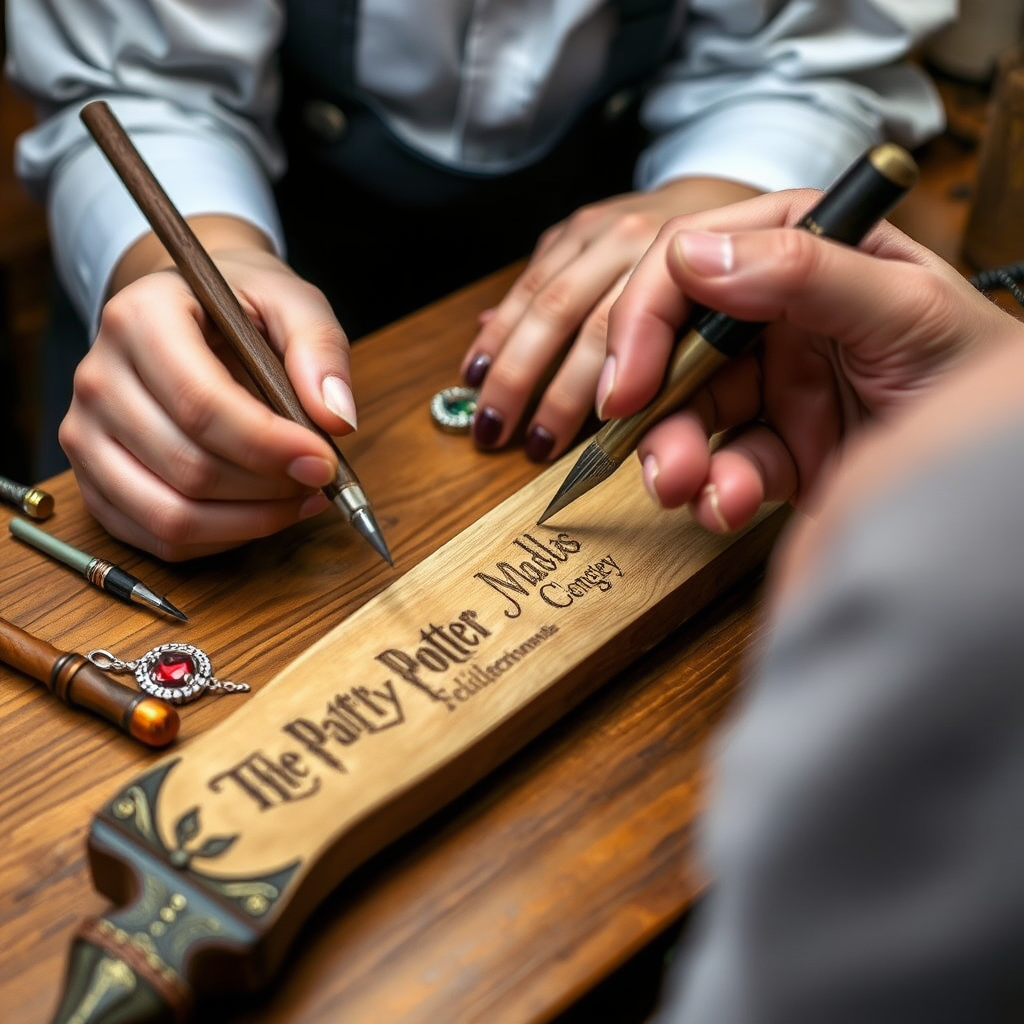 Professional engraving workshop with magical wands, jewelry, and Harry Potter collectibles being personalized with names and special messages using precision engraving tools