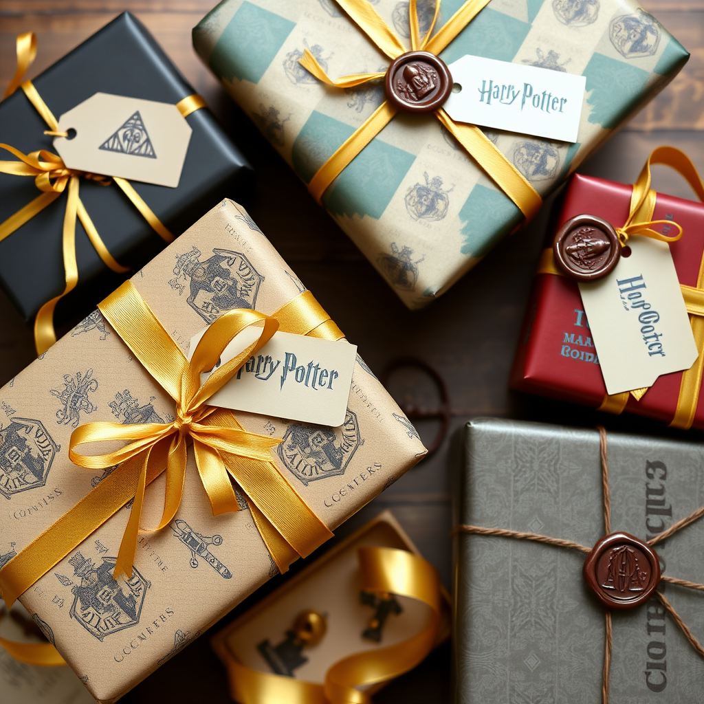 Beautifully wrapped Harry Potter gifts with Hogwarts house-themed wrapping paper, golden ribbons, and magical decorative elements including wax seals and parchment tags