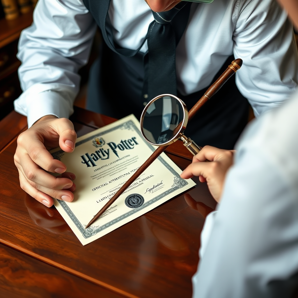 Professional appraiser examining authentic Harry Potter wand with magnifying glass and official authentication certificate on elegant wooden desk