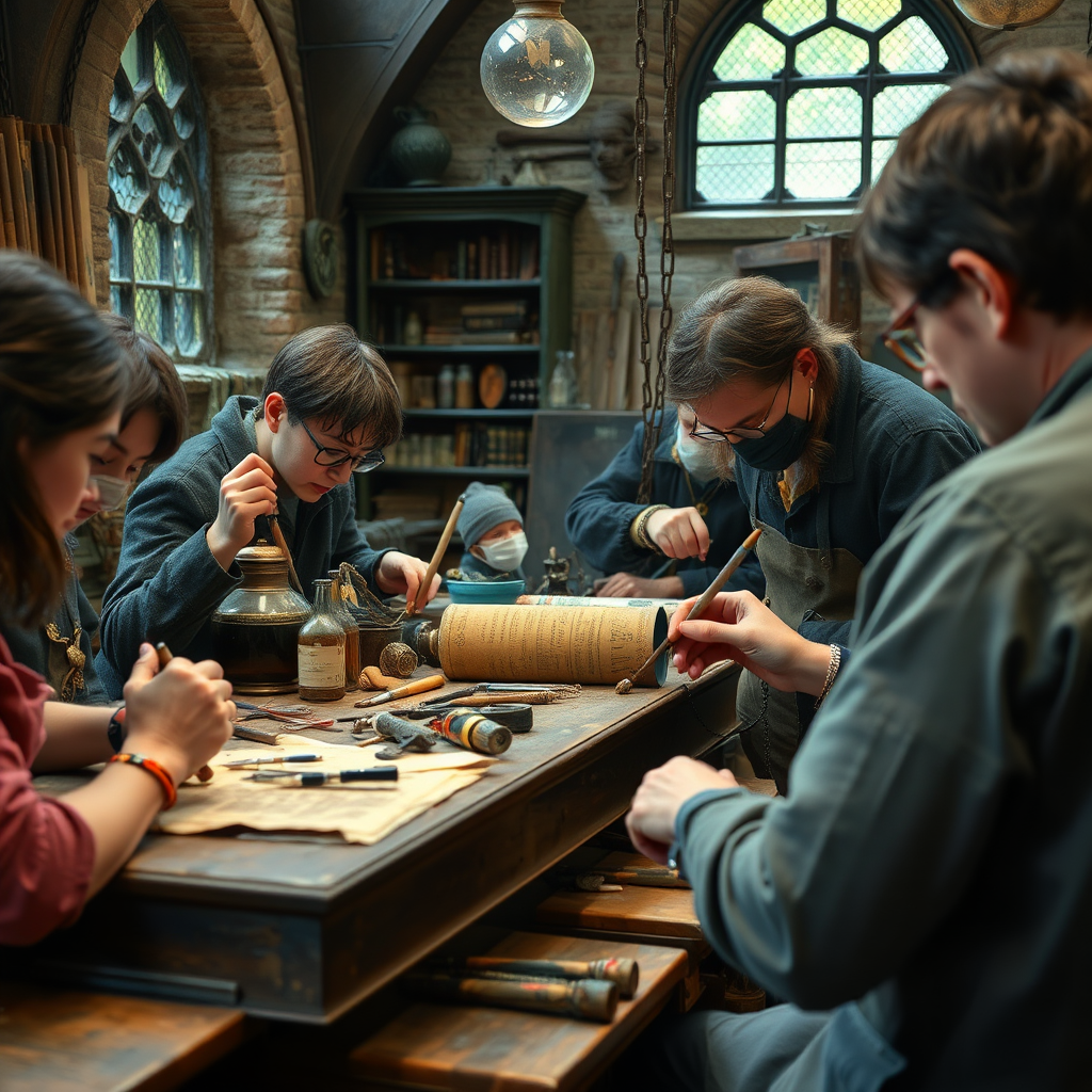 Magical restoration workshop with vintage Harry Potter items being carefully repaired by skilled craftspeople using traditional tools and magical techniques