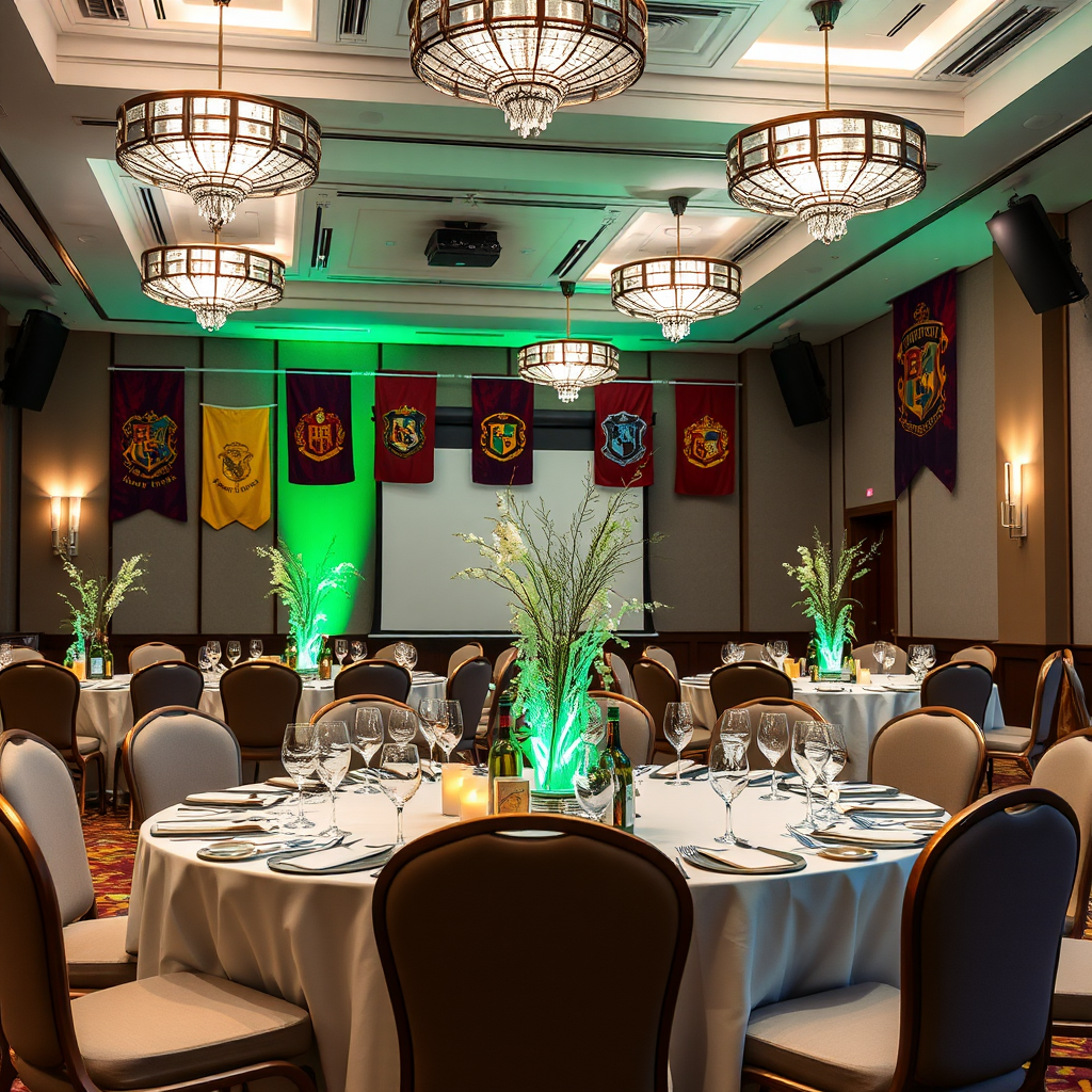 Elegant corporate event setup with Harry Potter themed decorations, featuring Hogwarts house banners, magical centerpieces, and professional lighting in a modern conference room
