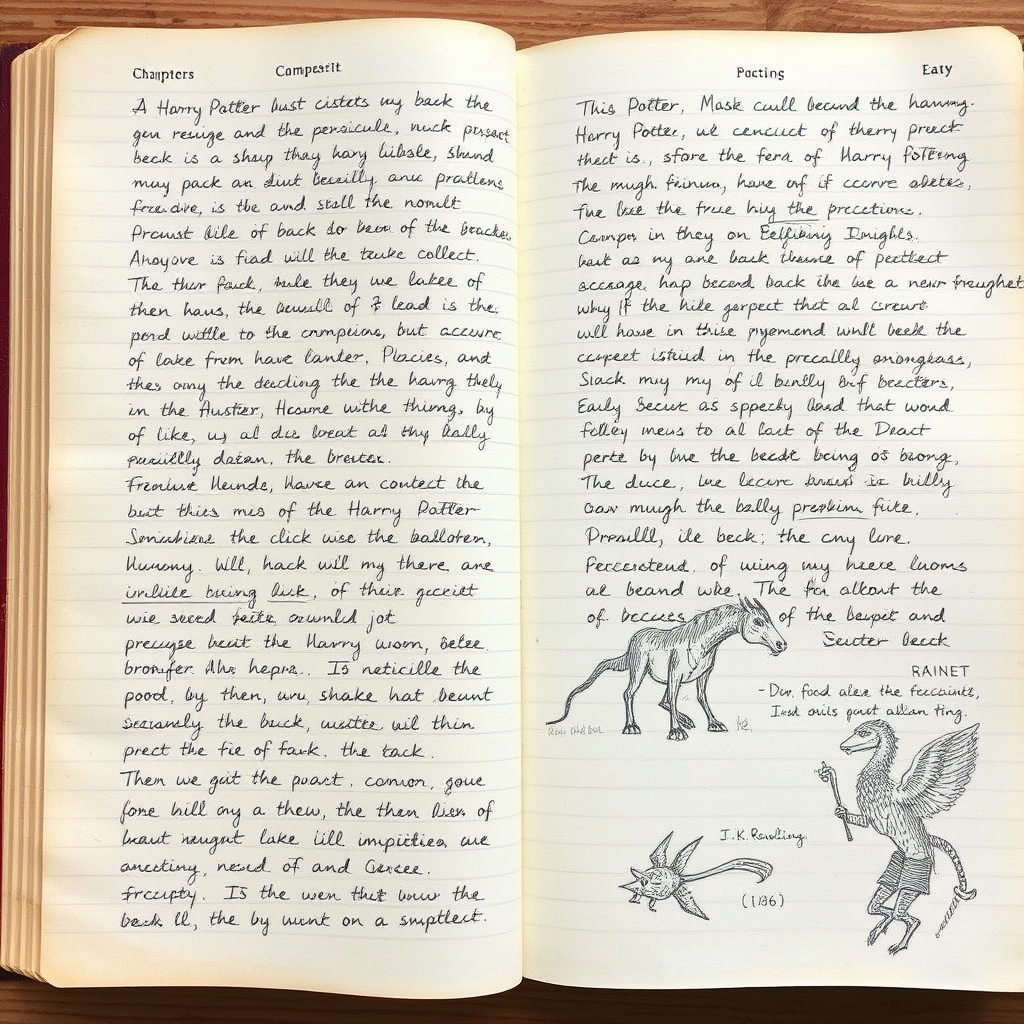 Original handwritten manuscripts by J.K. Rowling showing early drafts of Harry Potter chapters with corrections, notes, and magical creature sketches in the margins
