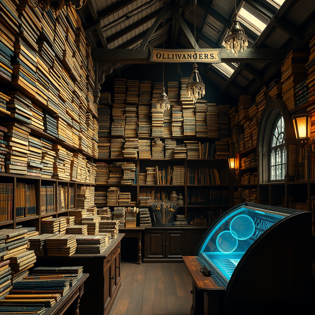 Interior of Ollivanders wand shop recreation showing thousands of wand boxes stacked to the ceiling, vintage wooden furniture, and interactive wand selection experience with magical lighting effects