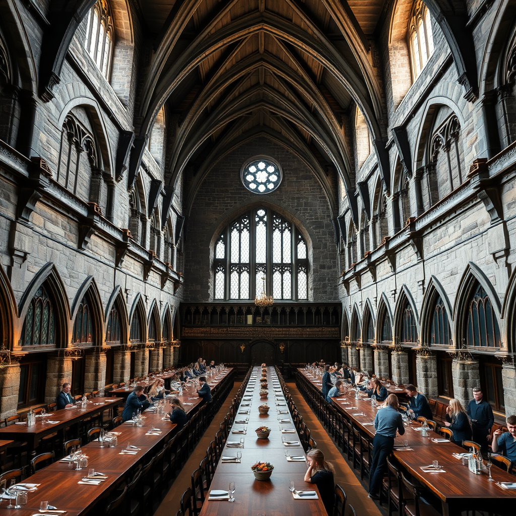 Grand medieval hall inside Edinburgh Castle with high vaulted ceilings, stone walls, and long wooden tables reminiscent of Hogwarts Great Hall where students dine