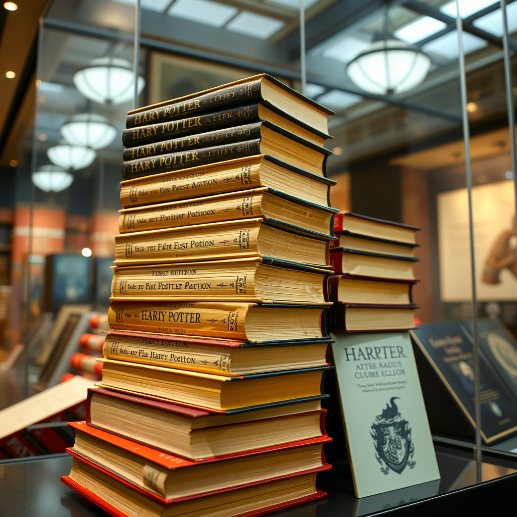 Stack of first edition Harry Potter books with pristine dust jackets displayed in protective cases under museum lighting