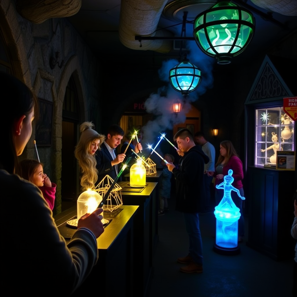 Interactive wand experience area showing visitors using replica wands to cast spells at various magical stations with glowing effects and enchanted objects responding to wand movements in a dimly lit mystical environment
