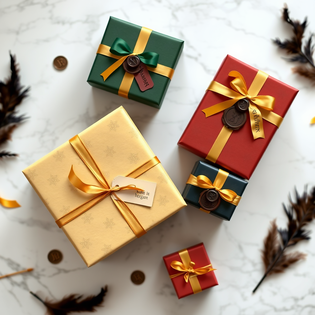 Elegant gift boxes wrapped in Hogwarts house-colored papers with golden ribbons, wax seals, and parchment tags, arranged on a marble surface with scattered house badges and feathers
