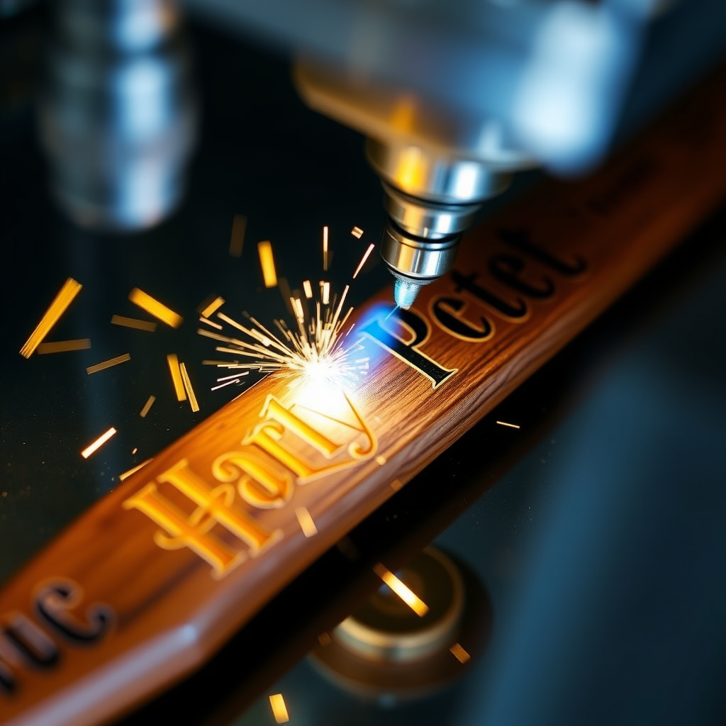 Close-up view of precision laser engraving machine creating detailed personalized text on a Harry Potter wand with sparks and magical effects