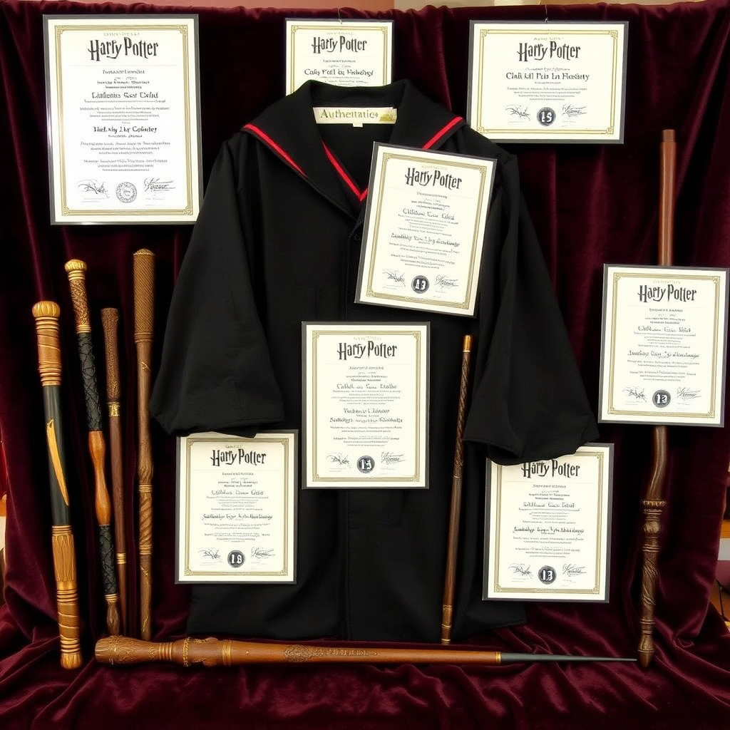 Collection of authenticated Harry Potter memorabilia including wands, Hogwarts robes, and movie props with official authentication certificates displayed on velvet backdrop