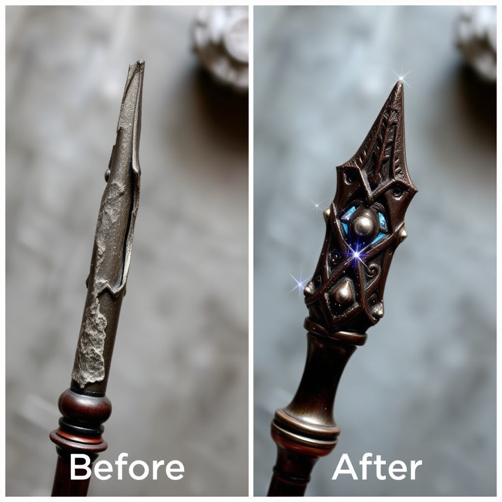 Before and after comparison showing damaged Harry Potter wand being restored to perfect condition with magical sparkles and authentic details