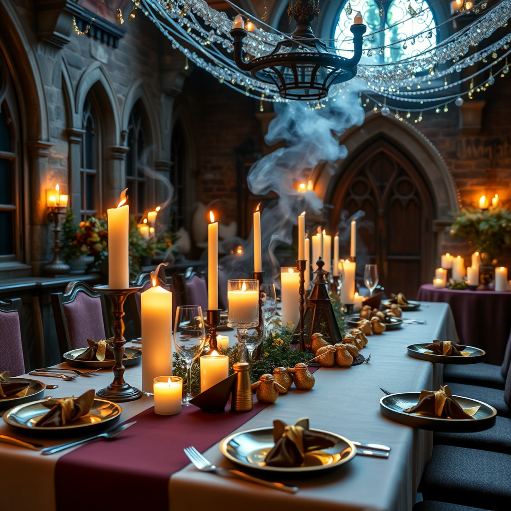 Magical themed party setup with floating candles, house-themed table settings, golden snitches, and enchanted decorations creating an authentic Hogwarts atmosphere