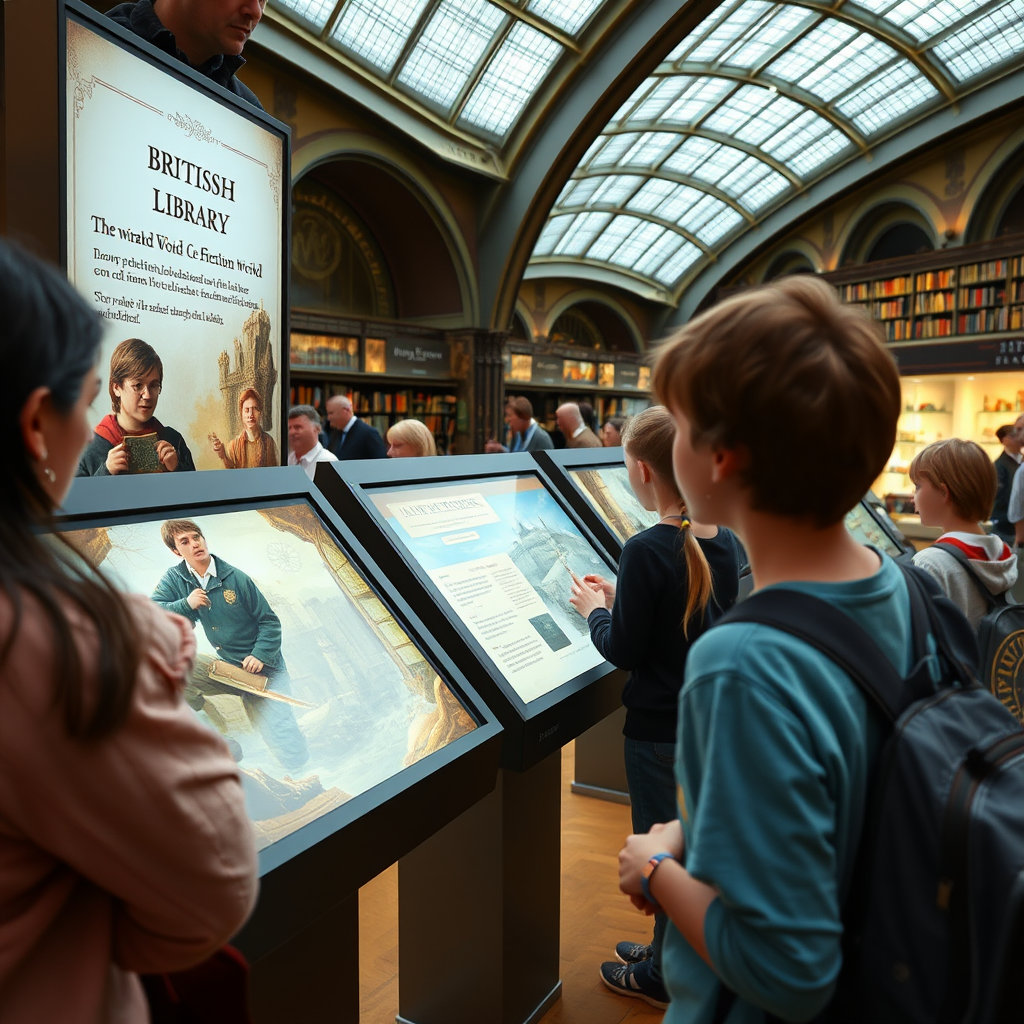 Interactive exhibition displays at the British Library showing digital touchscreens with Harry Potter content, visitors of all ages engaging with multimedia presentations about the wizarding world creation process