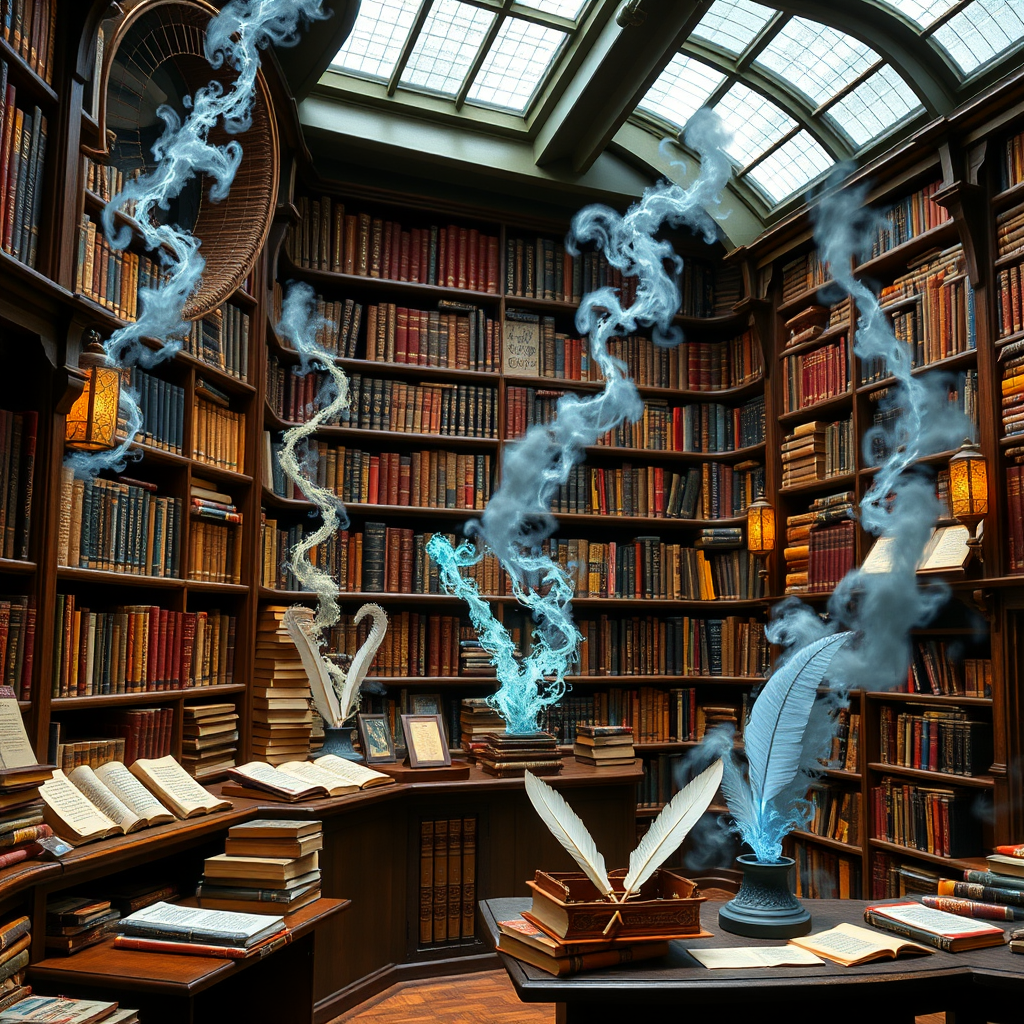 Flourish and Blotts bookstore display featuring towering shelves of magical books, floating books animation, quills and parchment displays, and authentic props from the Harry Potter films