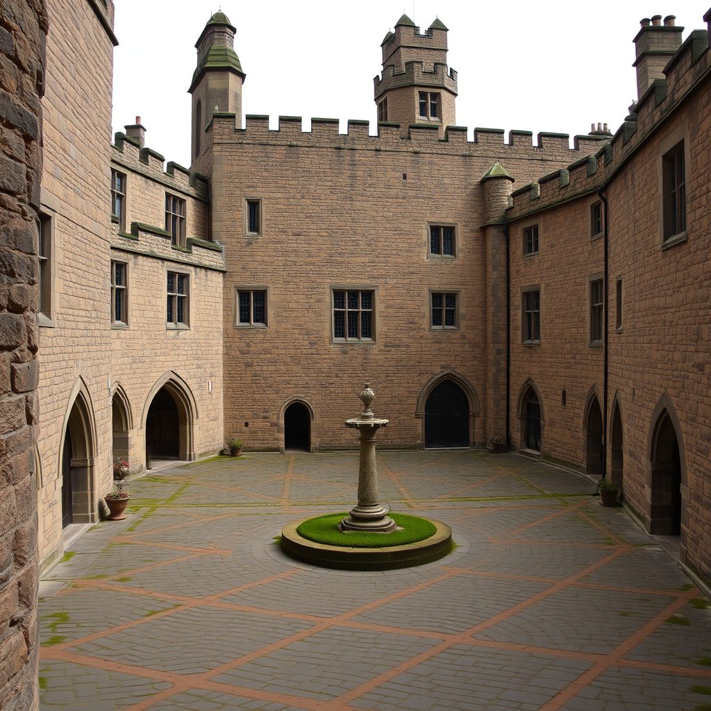 Ancient stone courtyard of Edinburgh Castle with medieval architecture and cobblestone paths similar to the courtyards where Harry Potter characters walked between classes