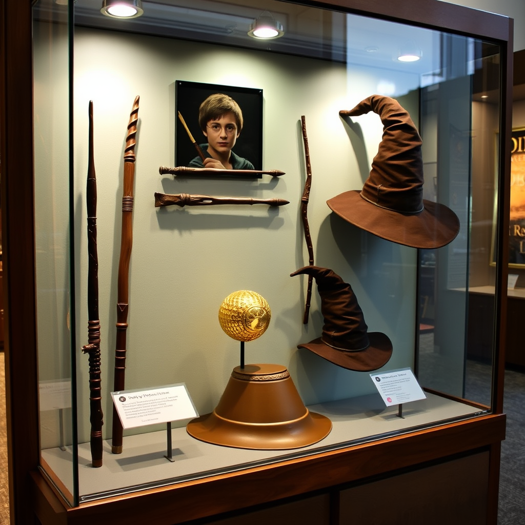 Professional display case showing authentic Harry Potter film props including wands, golden snitch, and sorting hat in a museum-quality setting