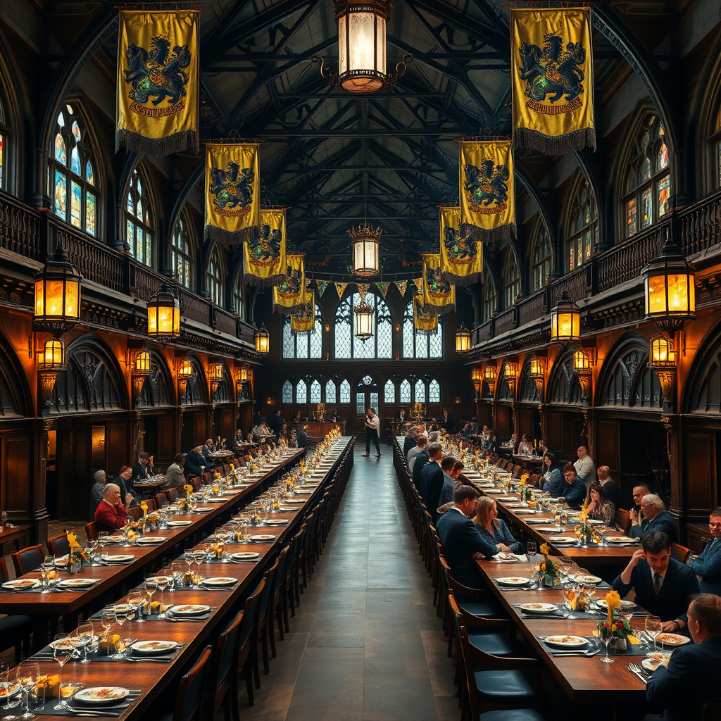 Elaborate themed dining hall designed like the Great Hall from Hogwarts with long wooden tables, floating candles, house banners hanging from the ceiling, gothic architecture, and guests enjoying magical themed meals in an atmospheric setting
