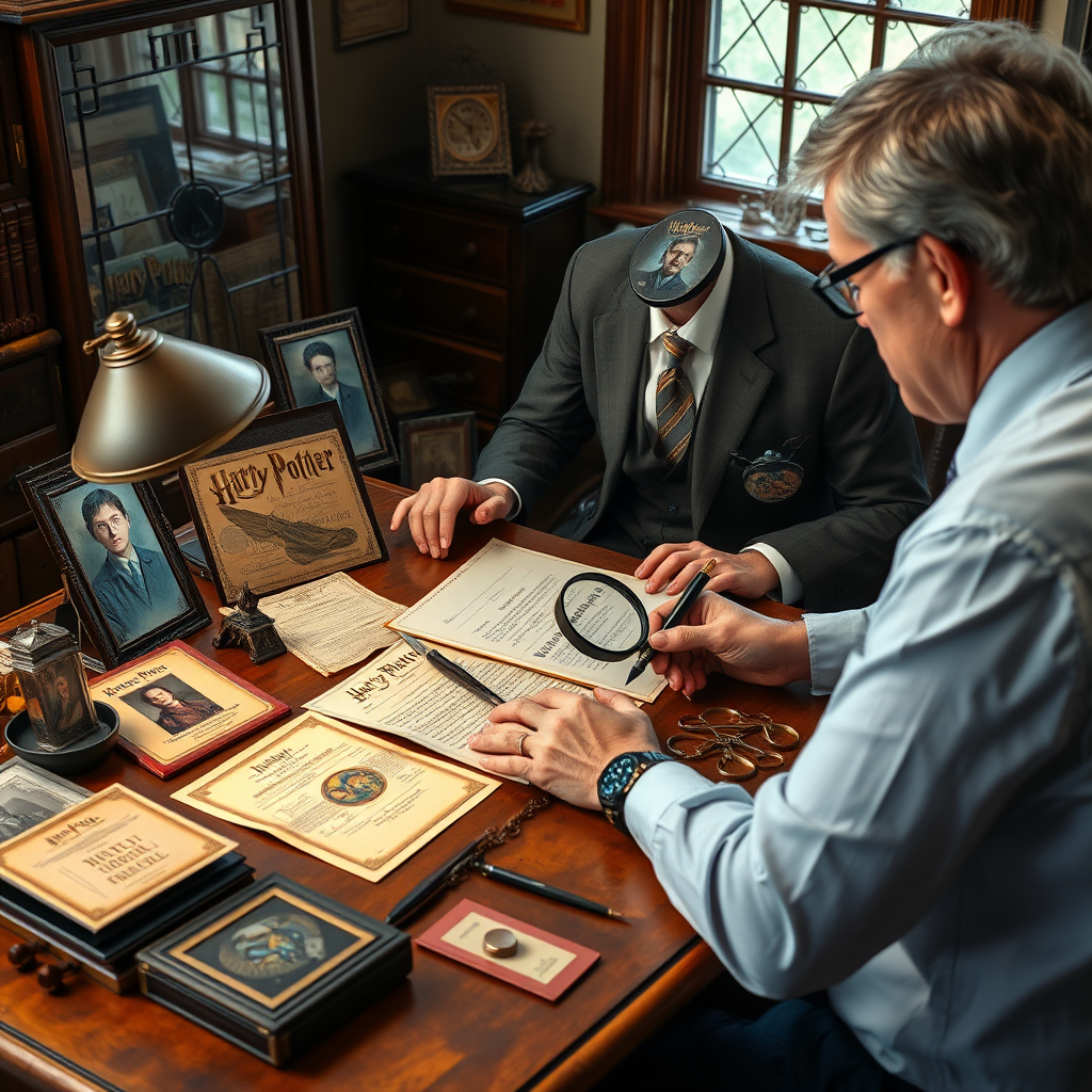 Professional appraiser examining Harry Potter memorabilia with magnifying glass and authentication tools, vintage collectibles and certificates spread across an antique wooden desk with warm lighting