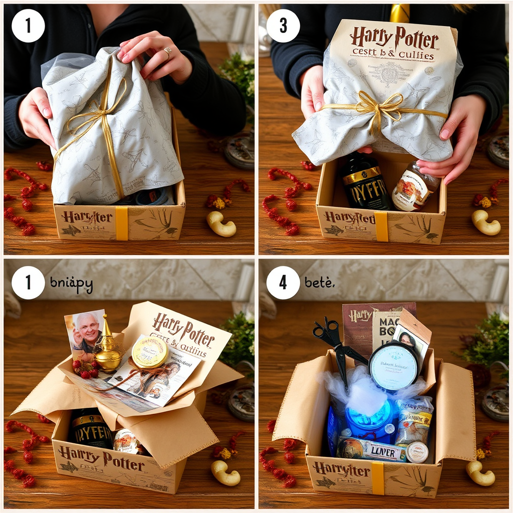 Step-by-step unboxing sequence showing layers of magical gift wrapping being opened to reveal Harry Potter souvenirs, with each layer containing hidden magical surprises and decorative elements