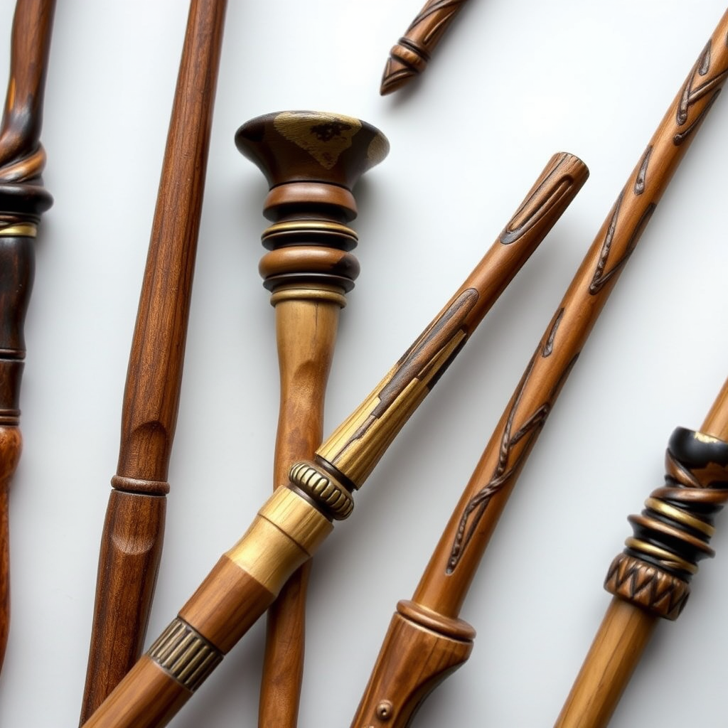 Collection of beautifully restored Harry Potter wands showing intricate wood grain and magical details after professional restoration