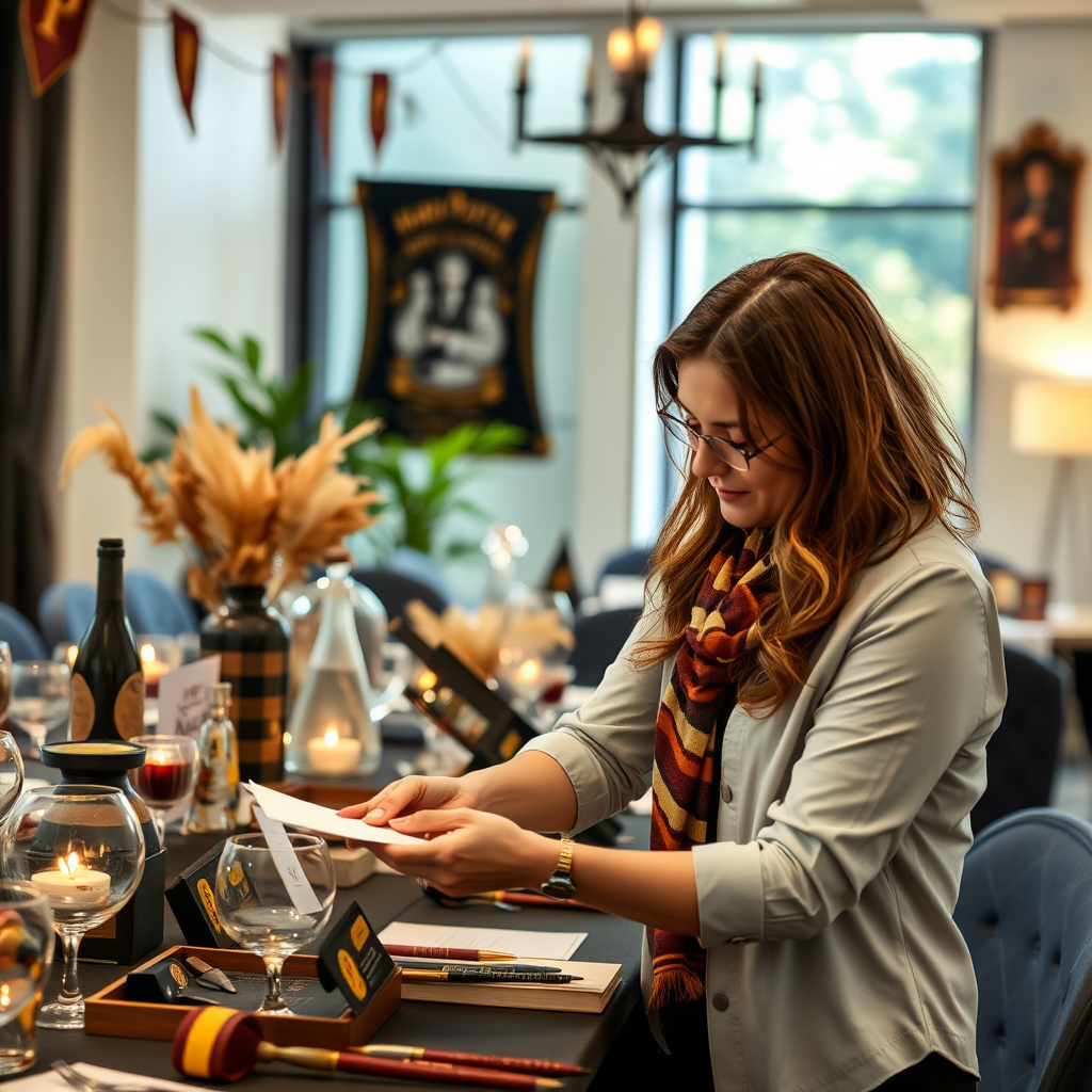 Professional event planner arranging Harry Potter themed decorations and souvenirs for a corporate function, showing attention to detail and magical atmosphere creation