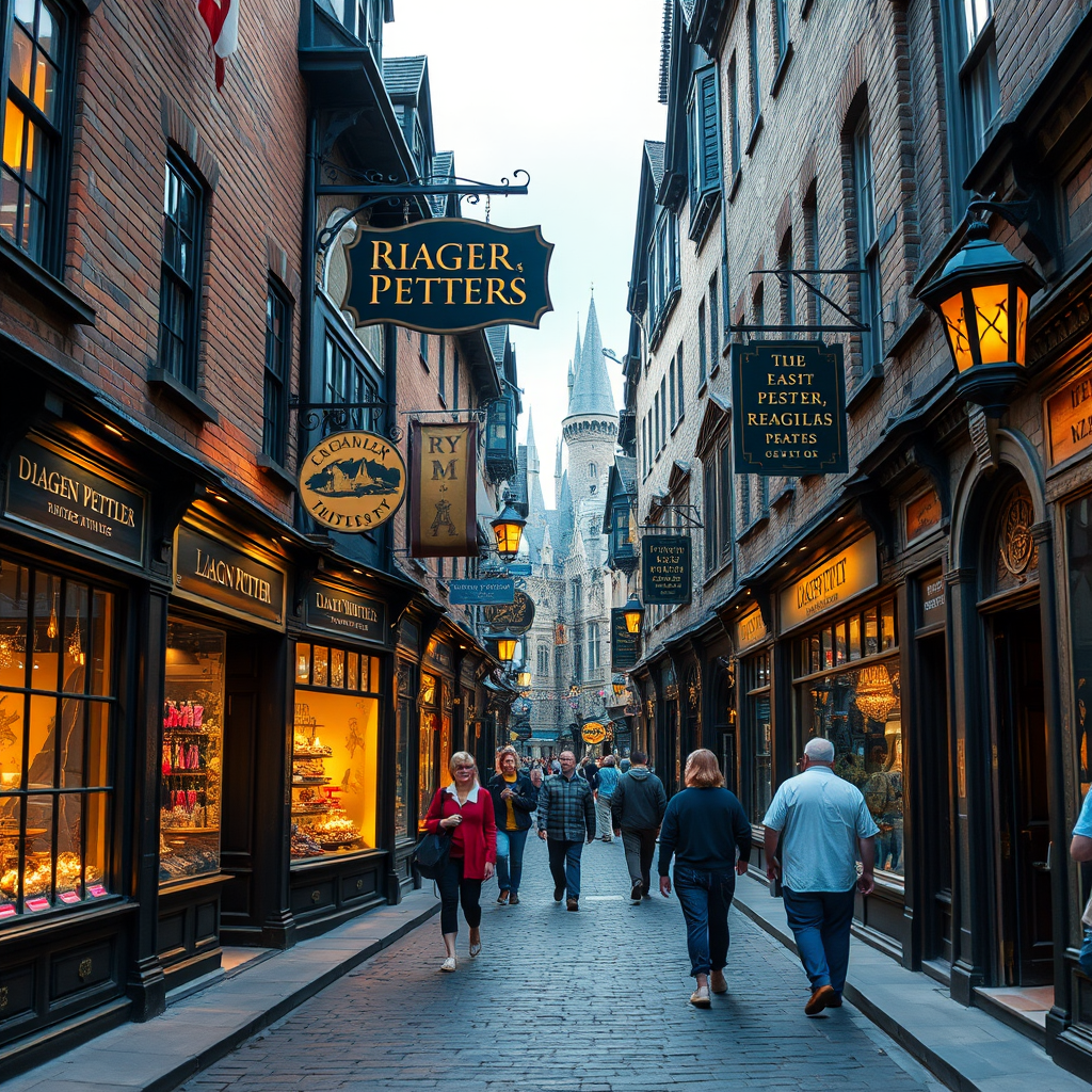 Full view of the recreated Diagon Alley cobblestone street with authentic shop fronts, magical window displays, hanging signs, atmospheric lighting, and visitors walking through the immersive wizarding shopping district