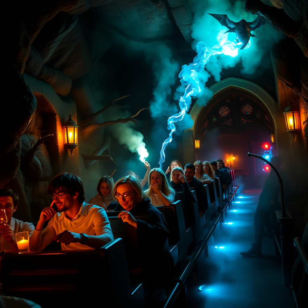 Thrilling magical ride experience showing guests on a dark ride through enchanted scenes with magical creatures, spell effects, and immersive environments recreating iconic moments from the Harry Potter films with dramatic lighting and special effects