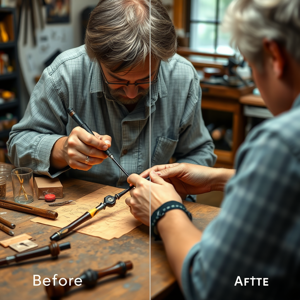 Skilled craftsperson carefully restoring a damaged Harry Potter wand using specialized tools, with before and after examples of restored collectibles displayed on a workshop table with proper lighting