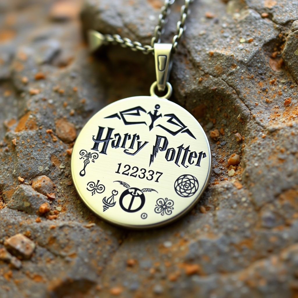 Elegant Harry Potter themed pendant necklace with custom date engraving and magical symbols beautifully etched into the metal surface
