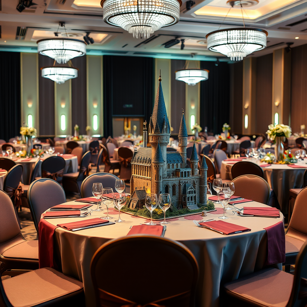 Elegant corporate event setup with Harry Potter themed decorations, round tables with house-colored linens, centerpieces featuring miniature Hogwarts castle, and professional lighting in a modern conference venue